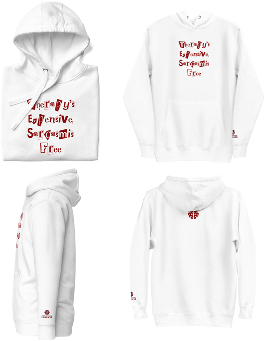 White & Dark Red | Therapy's Expensive, Sarcasm is Free | DL Unisex Hoodie