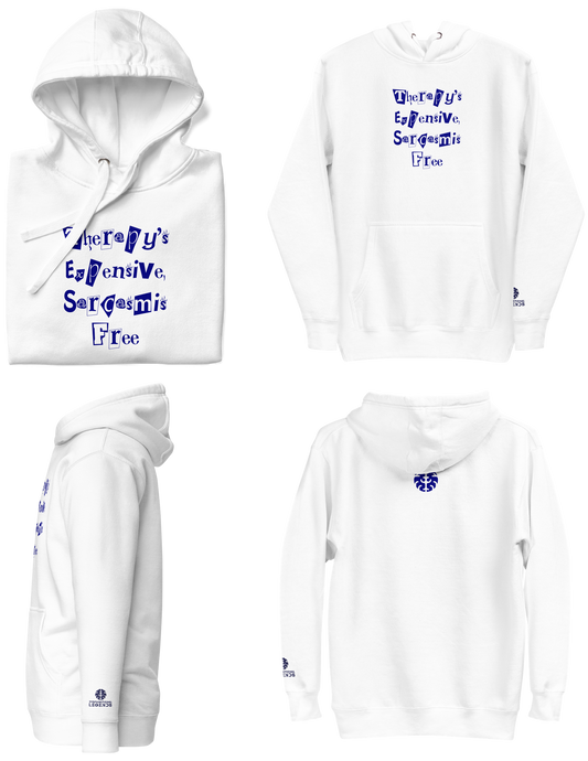 White & Navy Blue | Therapy's Expensive, Sarcasm is Free | DL Unisex Hoodie